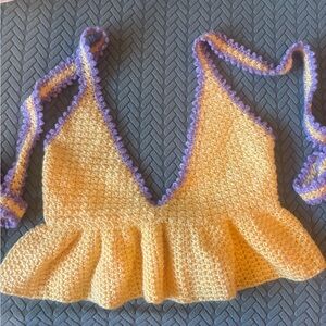 Handmade Crocheted Yellow and Purple Peplum Halter Top